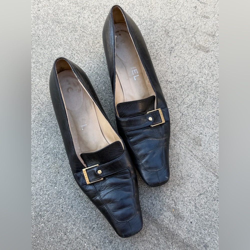 CHANEL Black Leather Loafers with Gold Buckle